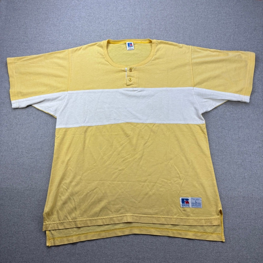 Vintage Russell Athletic Henley T Shirt Mens L Yellow Colorblock Button USA Made